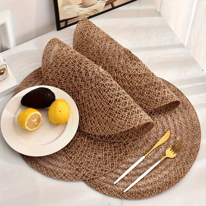 4-teiliges Tischset, rutschfestes, rundes, gewebtes nordisches Untersetzer-Pad, Tischset, Küchenzubehör, Tischset für Esstisch, Tischset im Boho-Stil mit geflochtenem Design für Esstisch und Weihnachtsfeier