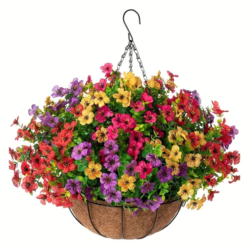 1 Stück künstliche Hängeblumen im Korb, künstliches Petunien-Blumenarrangement, Kokosnuss-Futterkorb mit Prunkwinden, Kunstpflanzen für die Dekoration von Terrasse, Garten, Veranda und Deck (mehrfarbig)