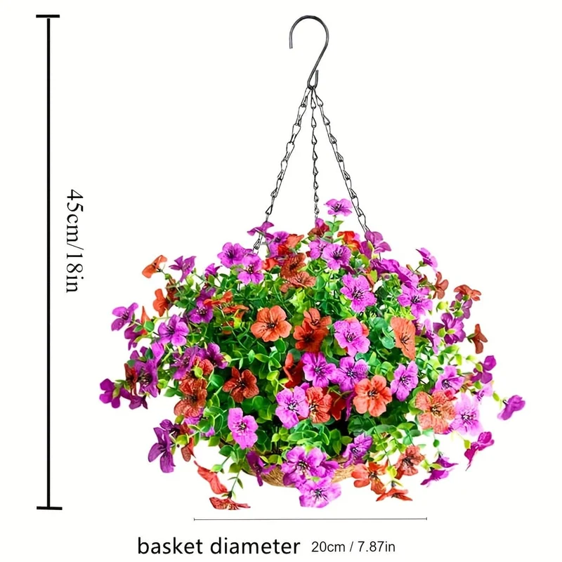 1 Stück künstliche Hängeblumen im Korb, künstliches Petunien-Blumenarrangement, Kokosnuss-Futterkorb mit Prunkwinden, Kunstpflanzen für die Dekoration von Terrasse, Garten, Veranda und Deck (mehrfarbig)