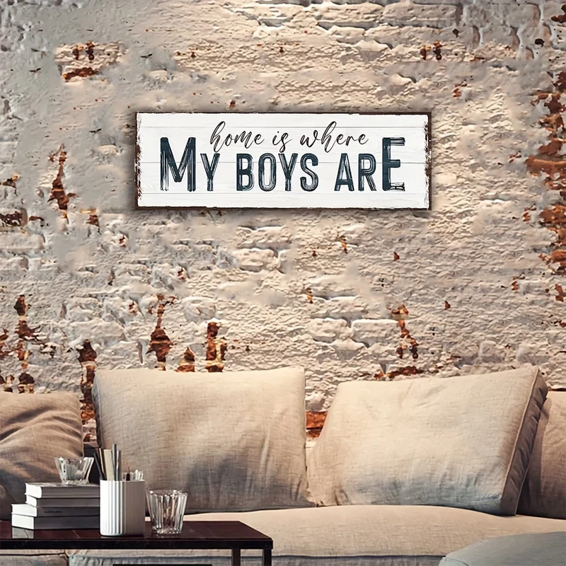 1 Stück, Familienschild, „Home Is Where My Boys“, Wandkunstschild für Zuhause, Holzschild, Türdekoration, (4 x 12 Zoll, 10 cm x 30 cm), Wanddekoration, Heimdekoration, Raumdekoration, Bauernhausdekor, Einweihungsgeschenk für das neue Zuhause