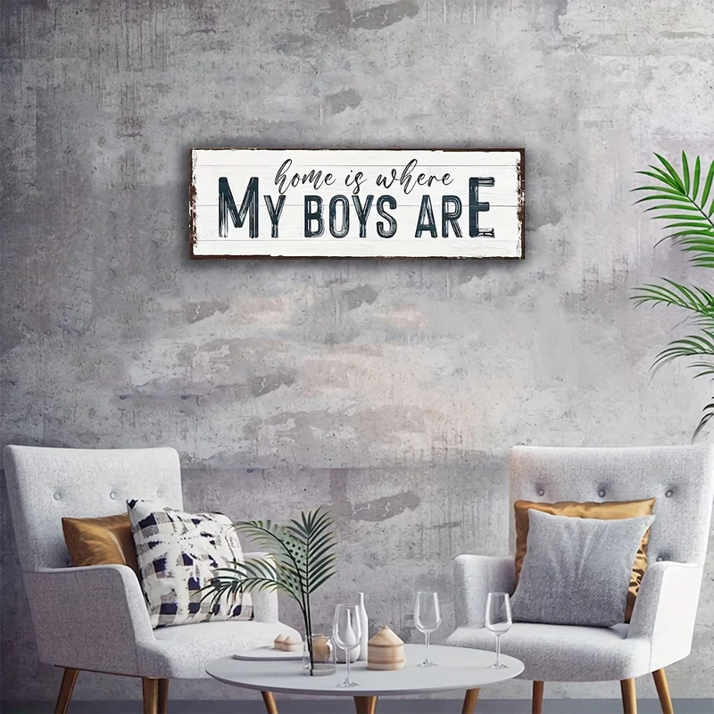 1 Stück, Familienschild, „Home Is Where My Boys“, Wandkunstschild für Zuhause, Holzschild, Türdekoration, (4 x 12 Zoll, 10 cm x 30 cm), Wanddekoration, Heimdekoration, Raumdekoration, Bauernhausdekor, Einweihungsgeschenk für das neue Zuhause