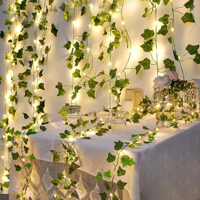 1 Stück grüne Blätter, Rattan, Lichterketten, LED-Kupferdraht, Ahornblätter, farbige Lichter, dekorative Lichter für Garten, Balkon, Hochzeit, Party, Weihnachten, Outdoor, Hof
