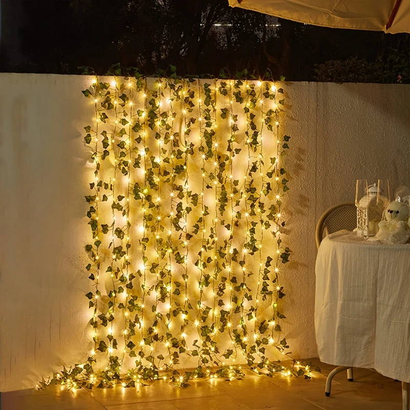 1 Stück grüne Blätter, Rattan, Lichterketten, LED-Kupferdraht, Ahornblätter, farbige Lichter, dekorative Lichter für Garten, Balkon, Hochzeit, Party, Weihnachten, Outdoor, Hof