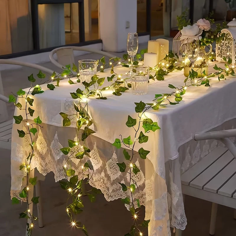 1 Stück grüne Blätter, Rattan, Lichterketten, LED-Kupferdraht, Ahornblätter, farbige Lichter, dekorative Lichter für Garten, Balkon, Hochzeit, Party, Weihnachten, Outdoor, Hof