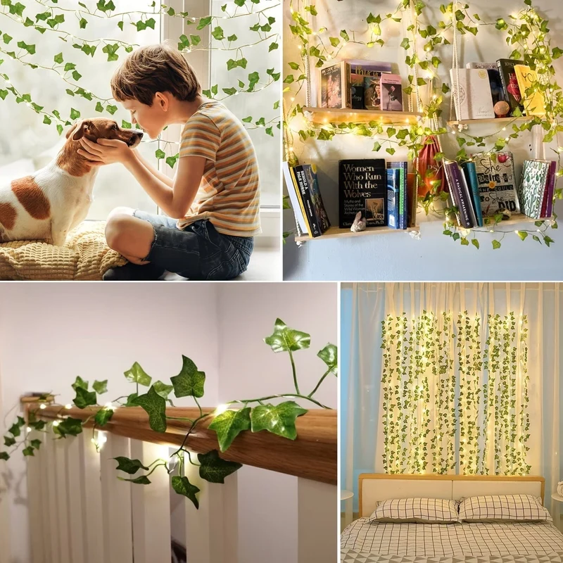1 Stück grüne Blätter, Rattan, Lichterketten, LED-Kupferdraht, Ahornblätter, farbige Lichter, dekorative Lichter für Garten, Balkon, Hochzeit, Party, Weihnachten, Outdoor, Hof