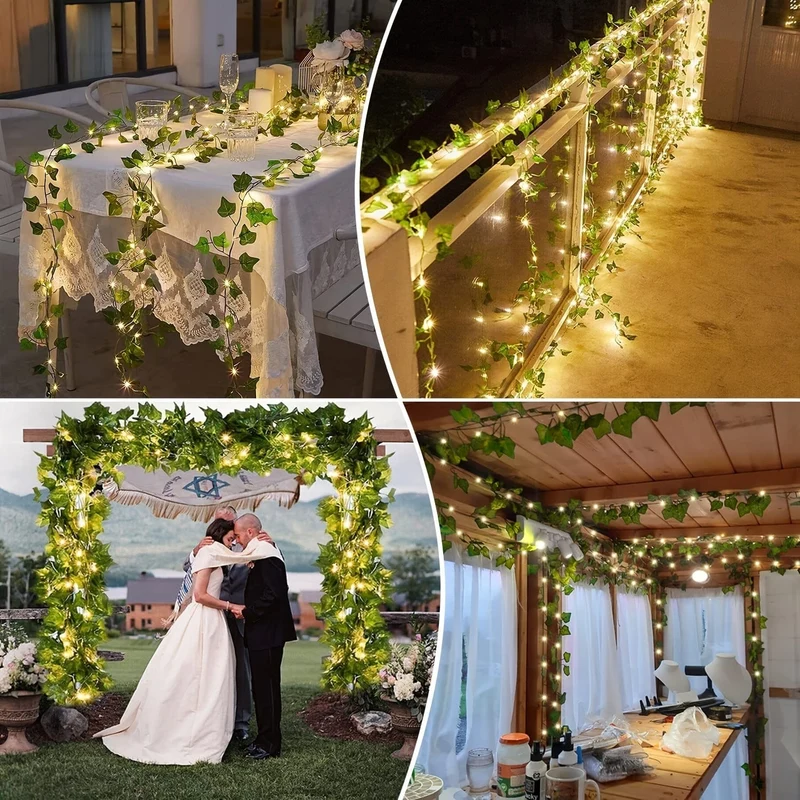 1 Stück grüne Blätter, Rattan, Lichterketten, LED-Kupferdraht, Ahornblätter, farbige Lichter, dekorative Lichter für Garten, Balkon, Hochzeit, Party, Weihnachten, Outdoor, Hof