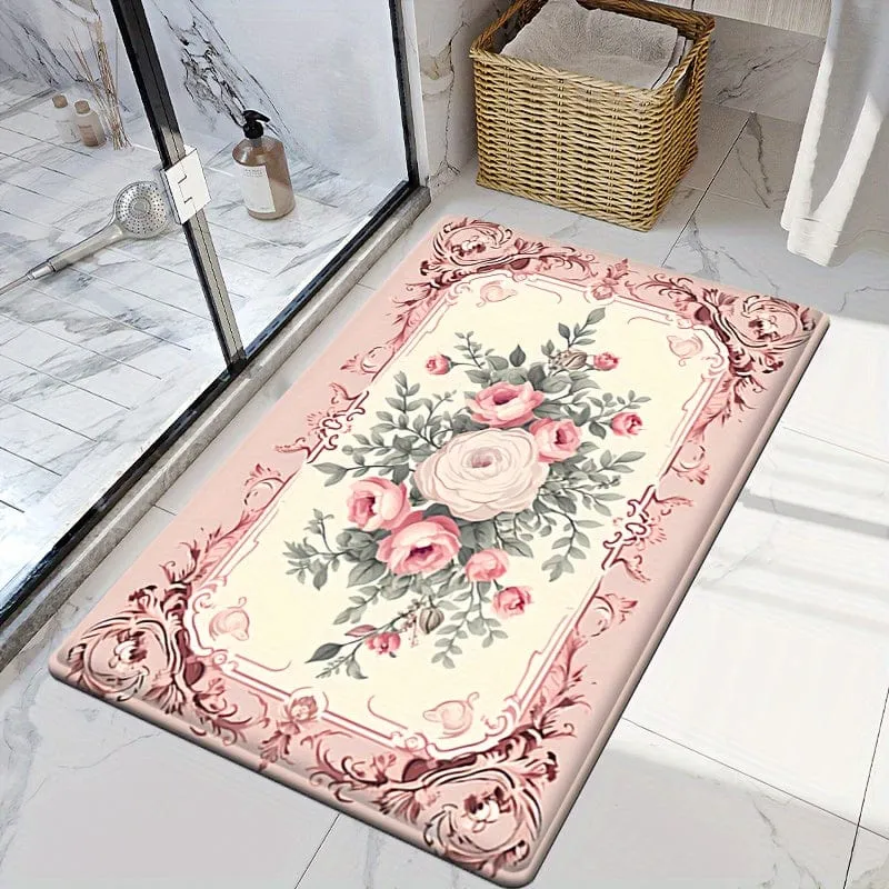 Fußmatte mit süßem Rosen-Aufdruck, Valentinstag-Thema, rutschfest, ölbeständig, Blumenteppich, wasserdicht, maschinenwaschbar, Kissen für Eingangstür, Badezimmer, Wohnzimmer, Waschküche, Heimdekoration