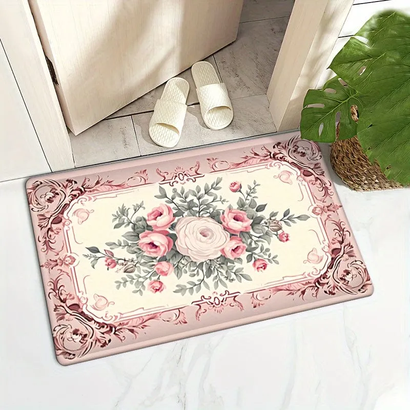 Fußmatte mit süßem Rosen-Aufdruck, Valentinstag-Thema, rutschfest, ölbeständig, Blumenteppich, wasserdicht, maschinenwaschbar, Kissen für Eingangstür, Badezimmer, Wohnzimmer, Waschküche, Heimdekoration