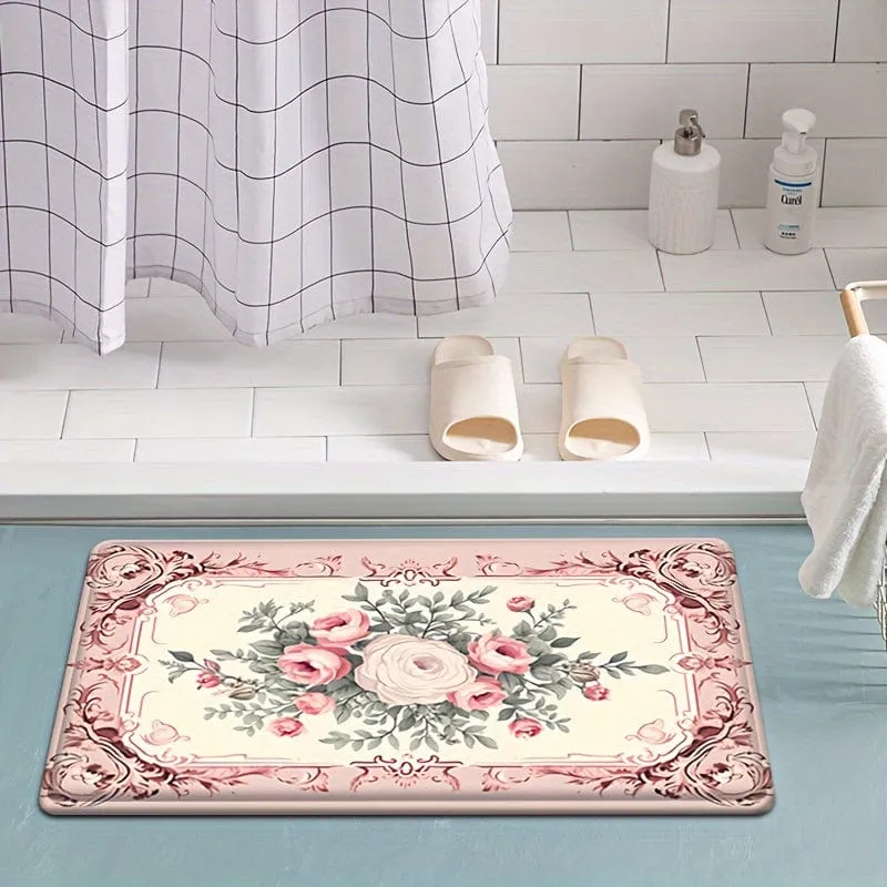 Fußmatte mit süßem Rosen-Aufdruck, Valentinstag-Thema, rutschfest, ölbeständig, Blumenteppich, wasserdicht, maschinenwaschbar, Kissen für Eingangstür, Badezimmer, Wohnzimmer, Waschküche, Heimdekoration