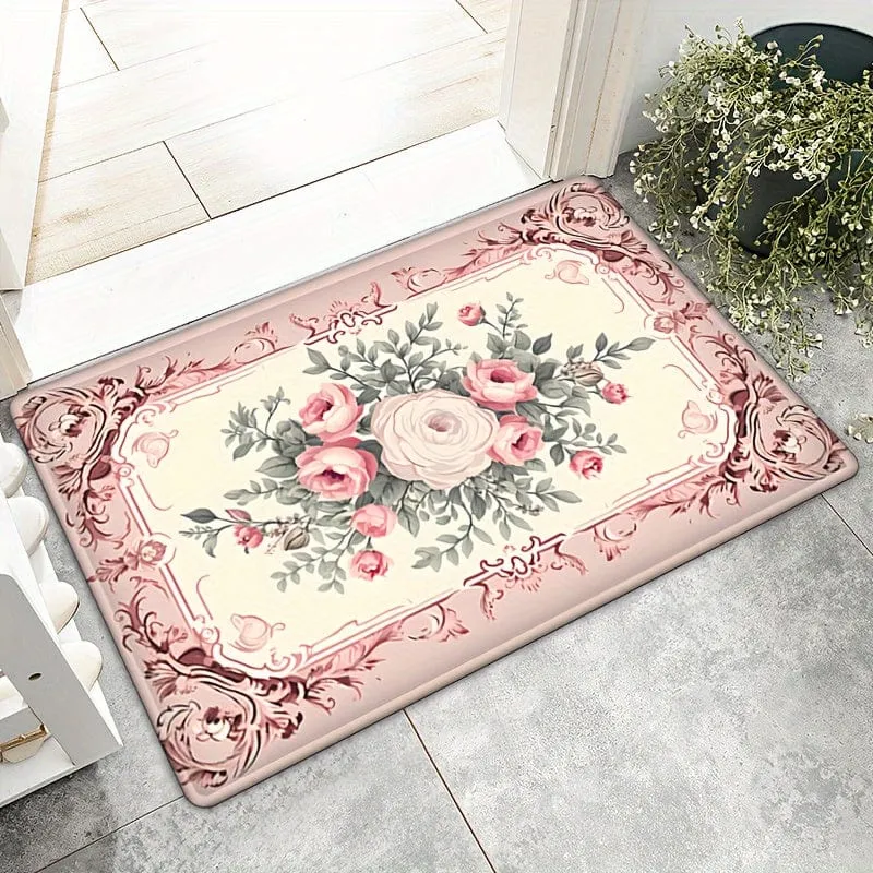 Fußmatte mit süßem Rosen-Aufdruck, Valentinstag-Thema, rutschfest, ölbeständig, Blumenteppich, wasserdicht, maschinenwaschbar, Kissen für Eingangstür, Badezimmer, Wohnzimmer, Waschküche, Heimdekoration