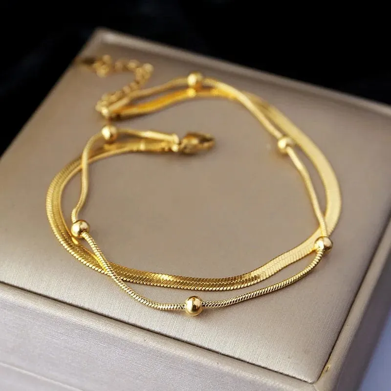 316L Edelstahl Gold Farbe Doppel-Schicht Fußkettchen Für Frauen Mädchen Neue Trend Bein Kette Wasserdicht Schmuck Geschenk Party