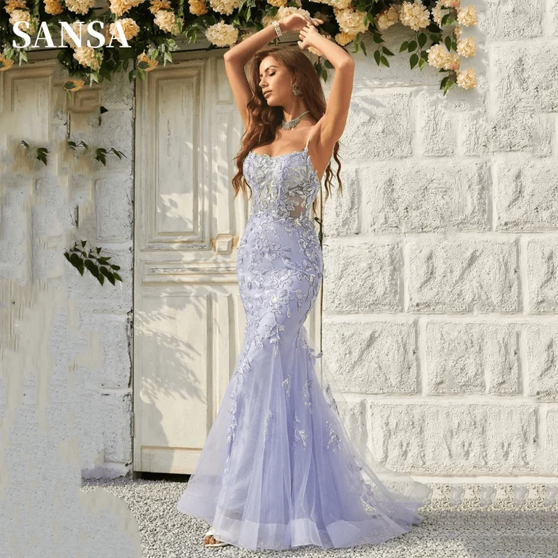 Sansa Lavendel Sexy Backless Meerjungfrau Prom Kleid Spaghetti Strap vestidos de fiesta Spitze Stickerei Tüll Abendkleid 2024