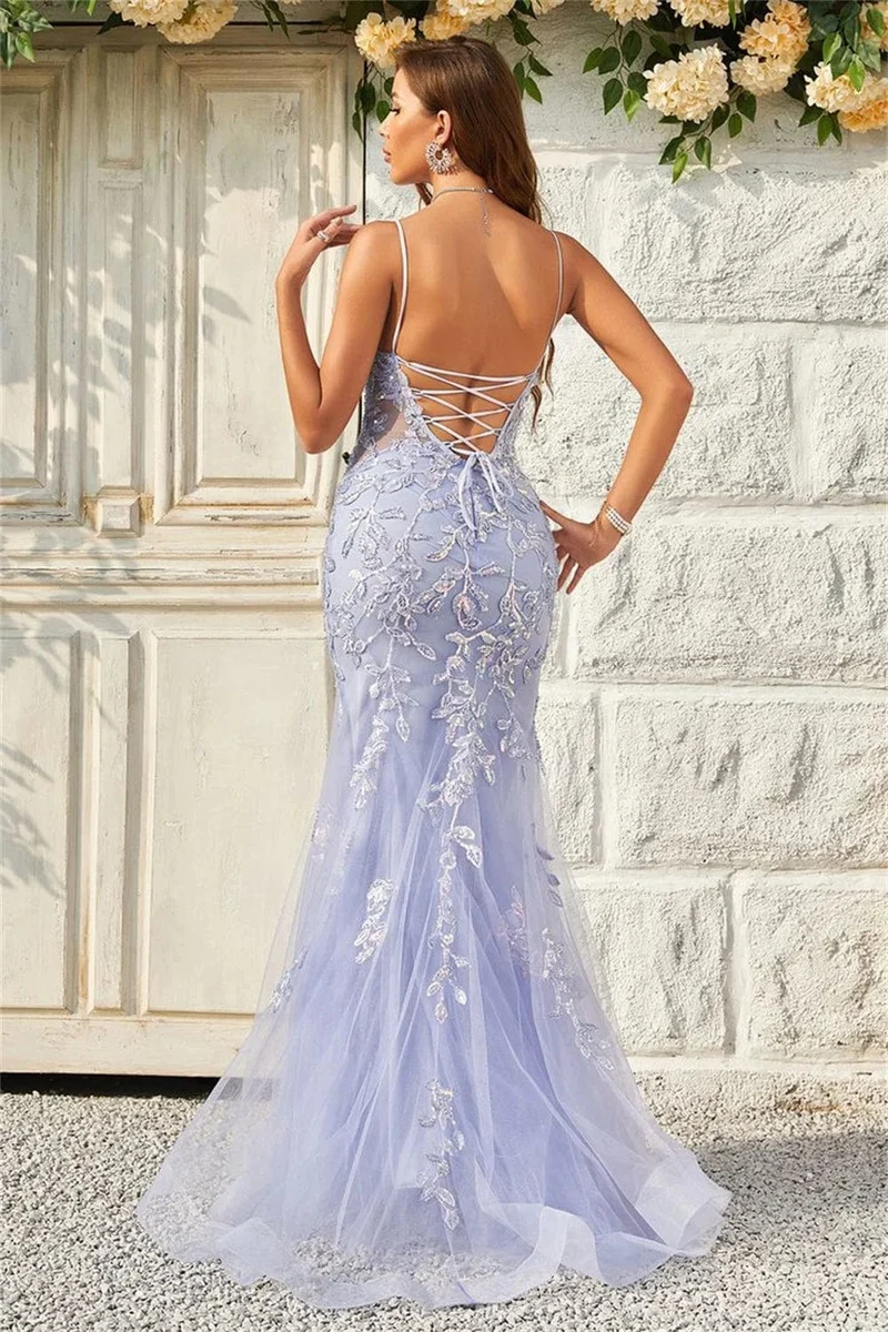 Sansa Lavendel Sexy Backless Meerjungfrau Prom Kleid Spaghetti Strap vestidos de fiesta Spitze Stickerei Tüll Abendkleid 2024