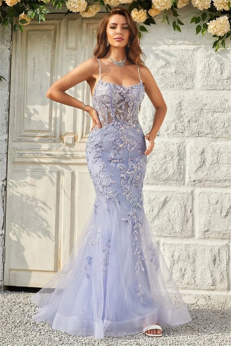 Sansa Lavendel Sexy Backless Meerjungfrau Prom Kleid Spaghetti Strap vestidos de fiesta Spitze Stickerei Tüll Abendkleid 2024