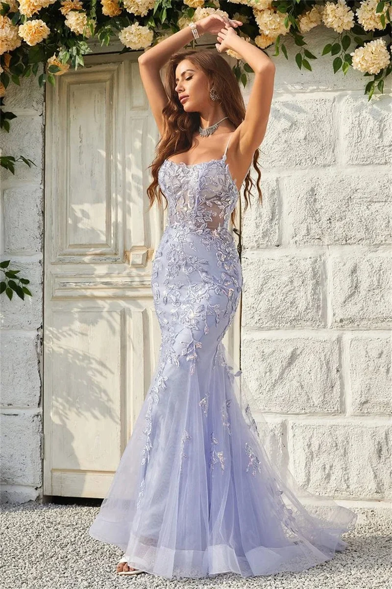 Sansa Lavendel Sexy Backless Meerjungfrau Prom Kleid Spaghetti Strap vestidos de fiesta Spitze Stickerei Tüll Abendkleid 2024