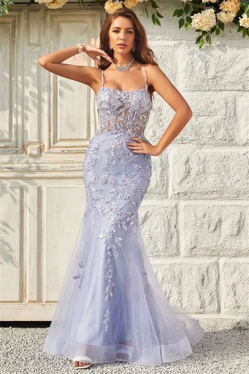 Sansa Lavendel Sexy Backless Meerjungfrau Prom Kleid Spaghetti Strap vestidos de fiesta Spitze Stickerei Tüll Abendkleid 2024