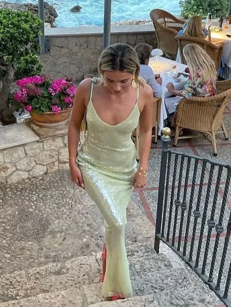 Luxuriöses, rückenfreies, hochgeschlitztes Abend-langes Kleid mit Pailletten, 2024, elegante Damen, ärmellose Tunika mit hoher Taille, figurbetont, Urlaubsparty-Kleider