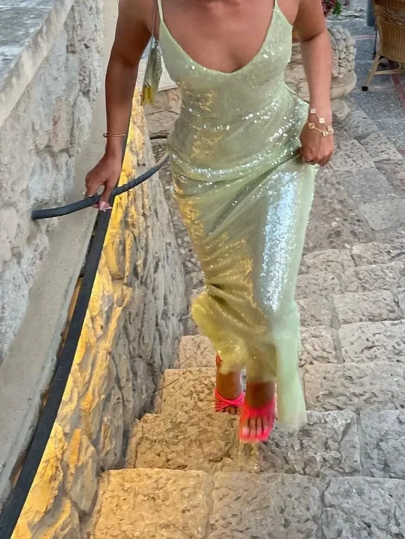 Luxuriöses, rückenfreies, hochgeschlitztes Abend-langes Kleid mit Pailletten, 2024, elegante Damen, ärmellose Tunika mit hoher Taille, figurbetont, Urlaubsparty-Kleider