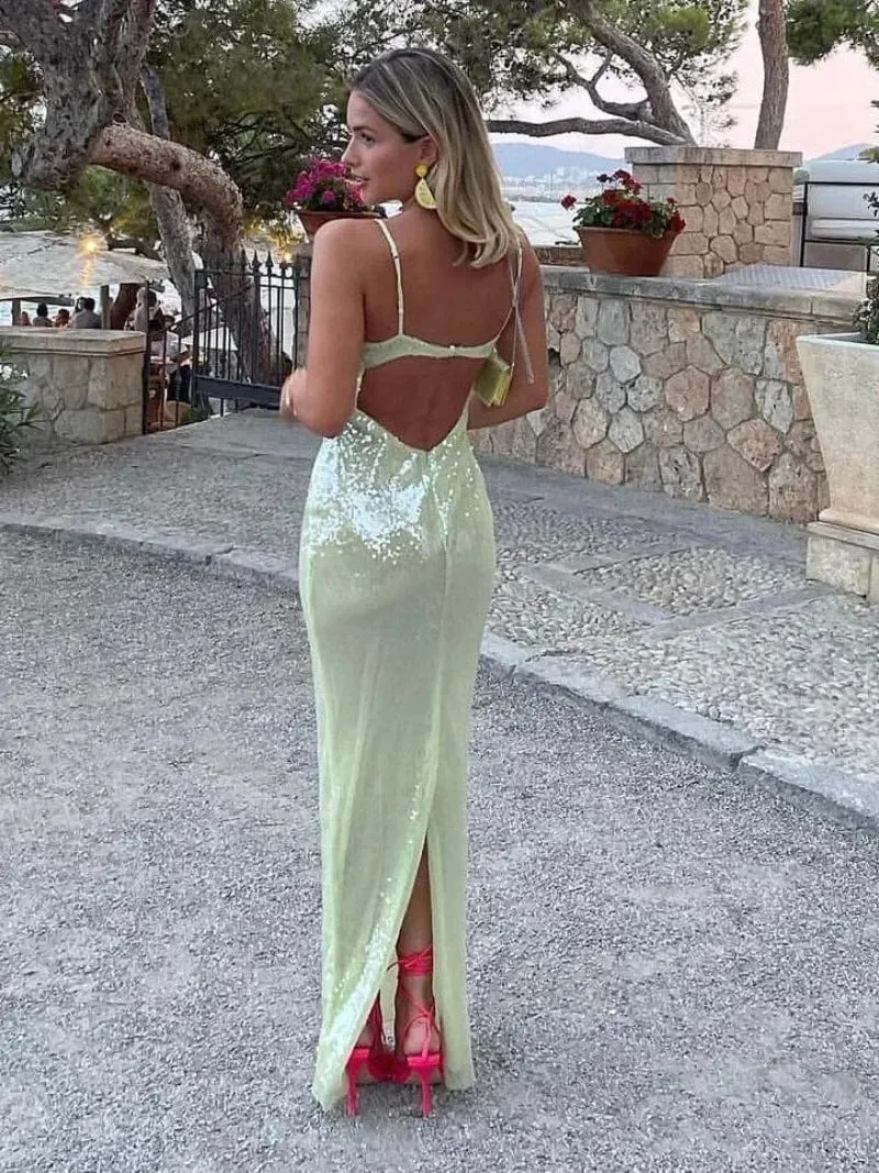 Luxuriöses, rückenfreies, hochgeschlitztes Abend-langes Kleid mit Pailletten, 2024, elegante Damen, ärmellose Tunika mit hoher Taille, figurbetont, Urlaubsparty-Kleider