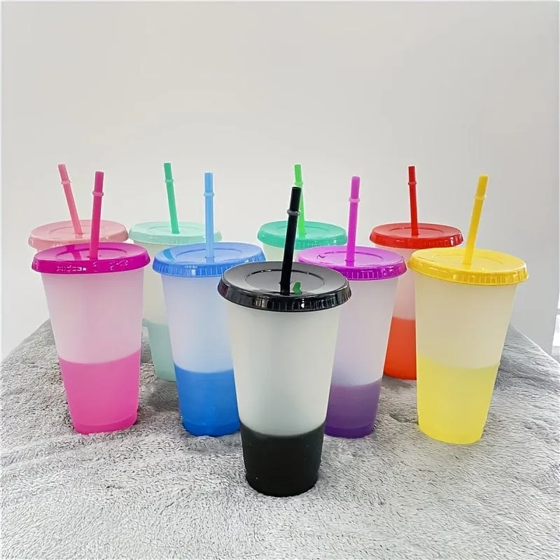 10 Stück, bunte Wickelbecher mit Deckel und Strohhalmen – stilvolle PP-Kunststoff-Wasserflaschen – perfektes Reise- und Halloween-Party-Zubehör