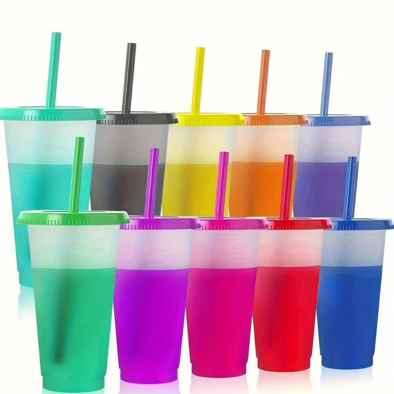 10 Stück, bunte Wickelbecher mit Deckel und Strohhalmen – stilvolle PP-Kunststoff-Wasserflaschen – perfektes Reise- und Halloween-Party-Zubehör
