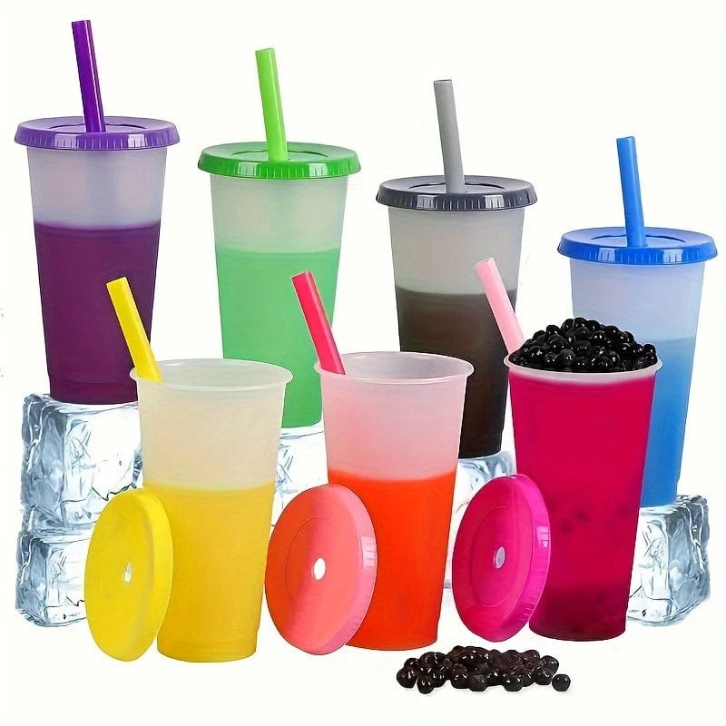 10 Stück, bunte Wickelbecher mit Deckel und Strohhalmen – stilvolle PP-Kunststoff-Wasserflaschen – perfektes Reise- und Halloween-Party-Zubehör