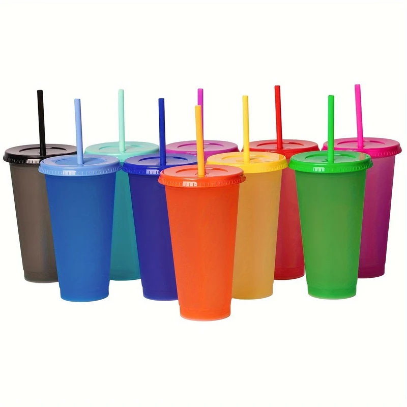 10 Stück, bunte Wickelbecher mit Deckel und Strohhalmen – stilvolle PP-Kunststoff-Wasserflaschen – perfektes Reise- und Halloween-Party-Zubehör