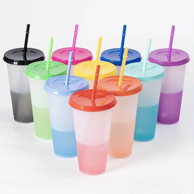 10 Stück, bunte Wickelbecher mit Deckel und Strohhalmen – stilvolle PP-Kunststoff-Wasserflaschen – perfektes Reise- und Halloween-Party-Zubehör