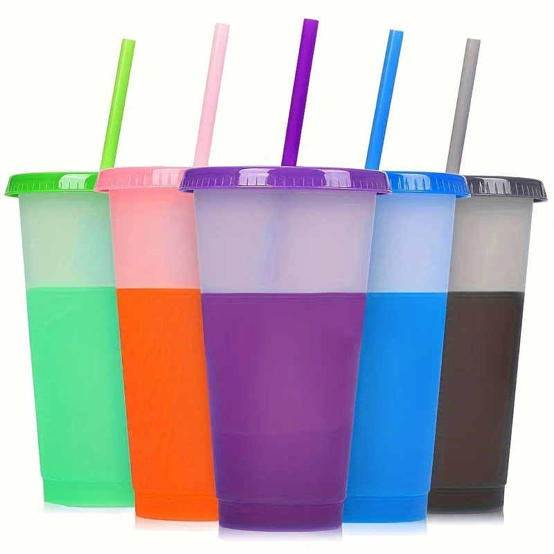 10 Stück, bunte Wickelbecher mit Deckel und Strohhalmen – stilvolle PP-Kunststoff-Wasserflaschen – perfektes Reise- und Halloween-Party-Zubehör