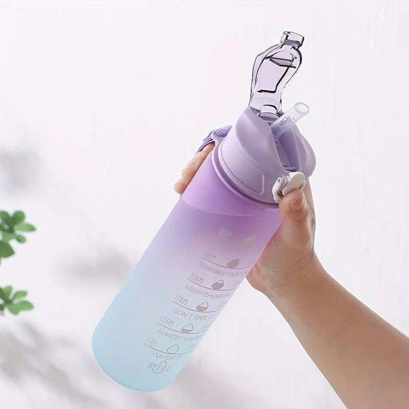 1 Stück, 750 ml motivierende Wasserflasche mit Strohhalm und Zeitmarkierung, tägliche Wasseraufnahmeflasche mit Tragegurt für Fitness, Fitnessstudio, Schule, Yoga, Wandern und auch zum Trinken von Wasser zu normalen Zeiten geeignet
