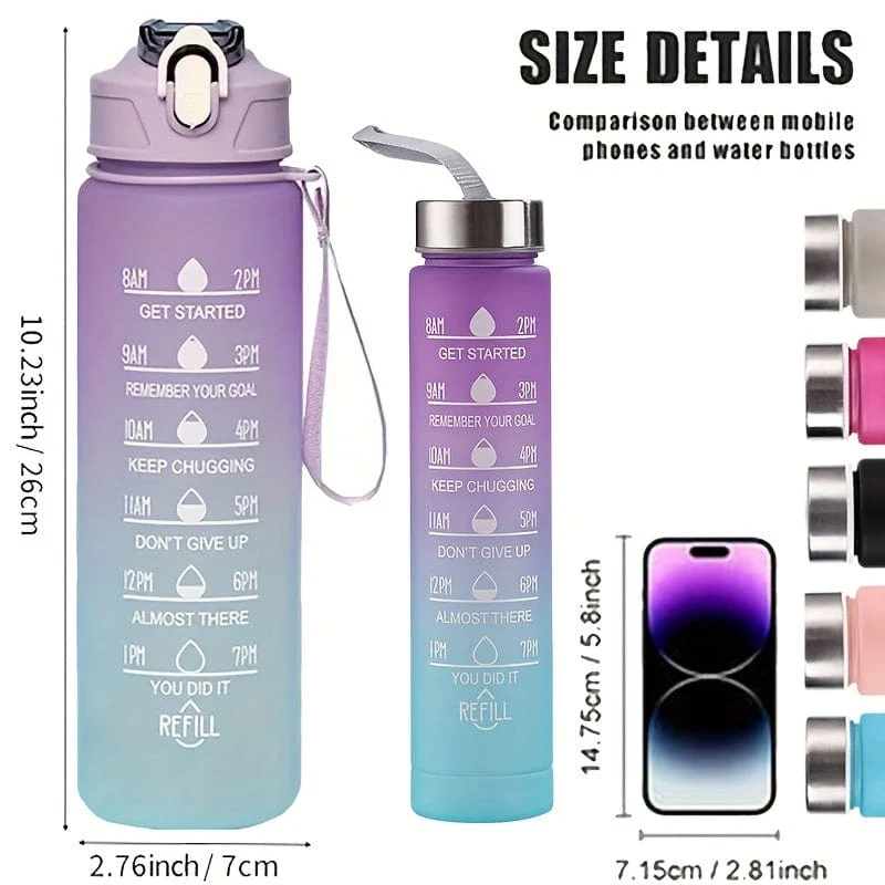1 Stück, 750 ml motivierende Wasserflasche mit Strohhalm und Zeitmarkierung, tägliche Wasseraufnahmeflasche mit Tragegurt für Fitness, Fitnessstudio, Schule, Yoga, Wandern und auch zum Trinken von Wasser zu normalen Zeiten geeignet
