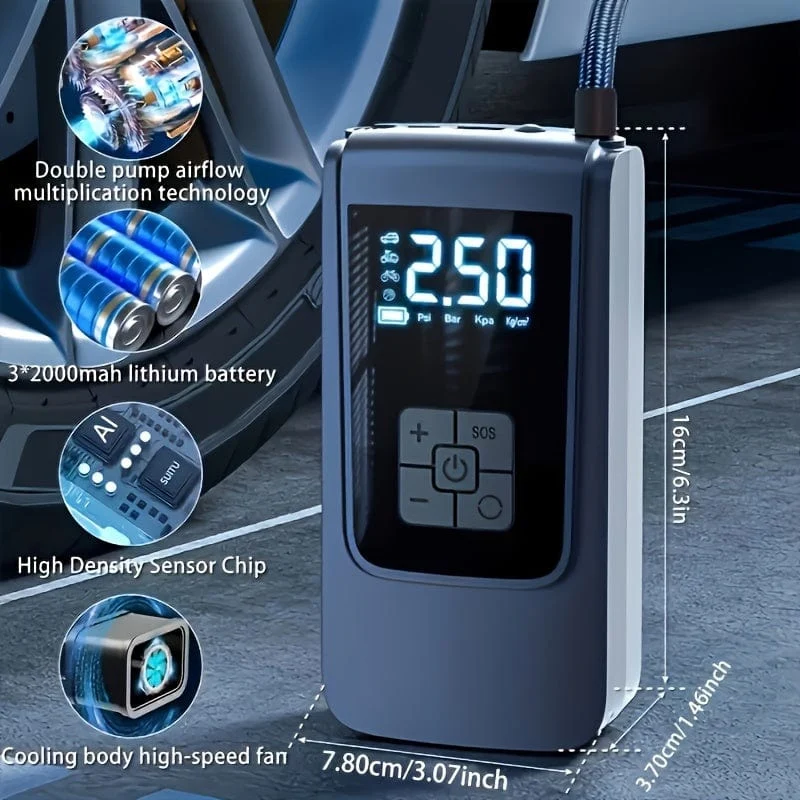 1 Stück tragbare Auto-Luftpumpe mit LED-Beleuchtung, für Auto/Motorrad/Fahrrad/Ball/Schwimmring
