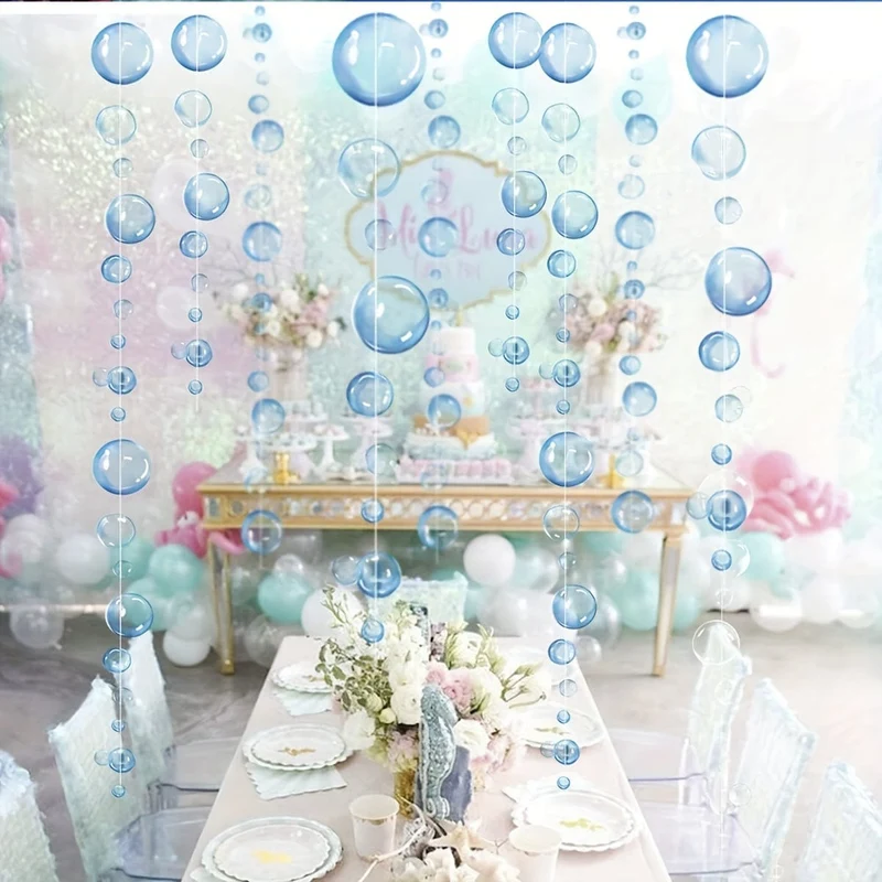 2 Stück Blasengirlanden, Meerjungfrauen-Party-Dekoration, farbig blau, flache Ausschnitte, hängende Luftschlange für Geburtstag, Taufe, Hochzeit, Ozean-Wandaufkleber, Babyparty, unter dem Meer, festlich, Kinderzimmer, Foto-Requisiten, Szenendekoration, Raumdekoration, Heimdekoration