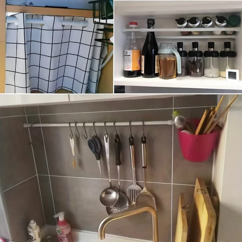 1 Stück multifunktionale, stanzfreie Teleskopstange, integrierte Feder- und nagelfreie Befestigungsvorhangstange, Duschvorhangstange, halber Vorhang, kurzer Vorhang, Kaffeevorhang, Türvorhang, Federspannstange, Badezimmerzubehör