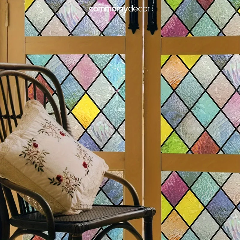 1 Rolle bunte Glasfensterfolie, Fenster-Sichtschutzfolie, Regenbogen-Fenster-Frischhaltefolie, Buntglas-Fensterfolienaufkleber, dekorativer Fensteraufkleber, Fensteraufkleber, Fensterabdeckungen für Badezimmer, Restaurant, Hotel, Geschäfte, Heimdekoration