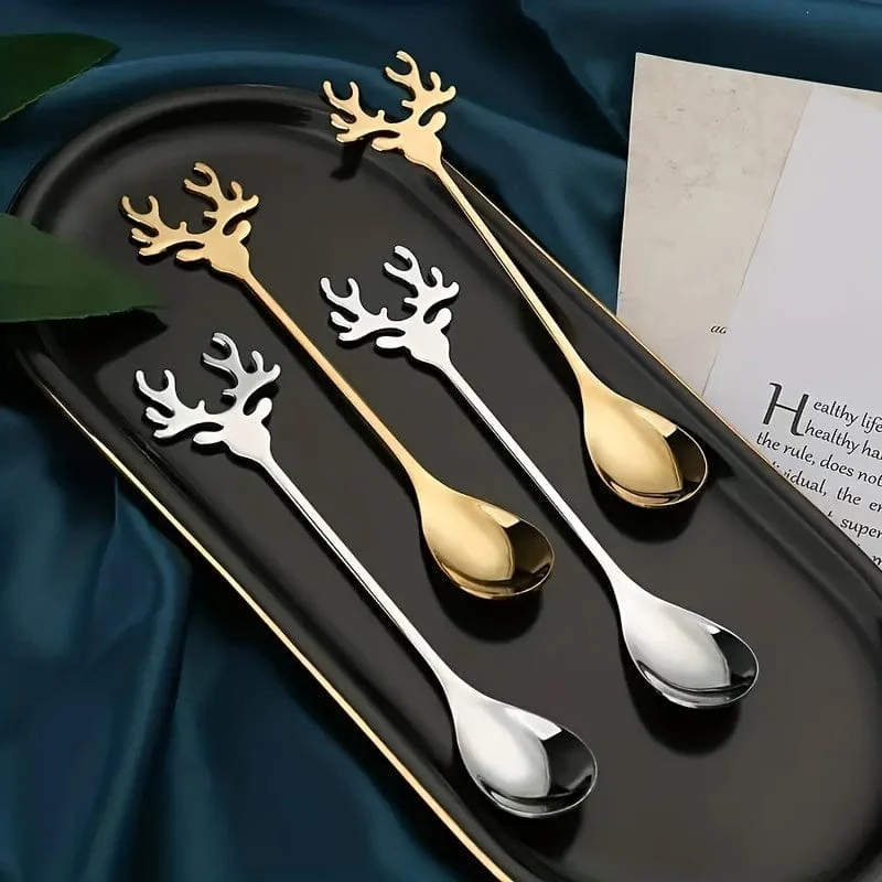 8 Stück Weihnachten Edelstahl Hirschkopf Form Kaffeelöffel Dessert Süßigkeiten Rührlöffel Teelöffel Geschirr Dekoration Küchenzubehör
