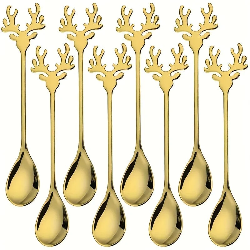 8 Stück Weihnachten Edelstahl Hirschkopf Form Kaffeelöffel Dessert Süßigkeiten Rührlöffel Teelöffel Geschirr Dekoration Küchenzubehör
