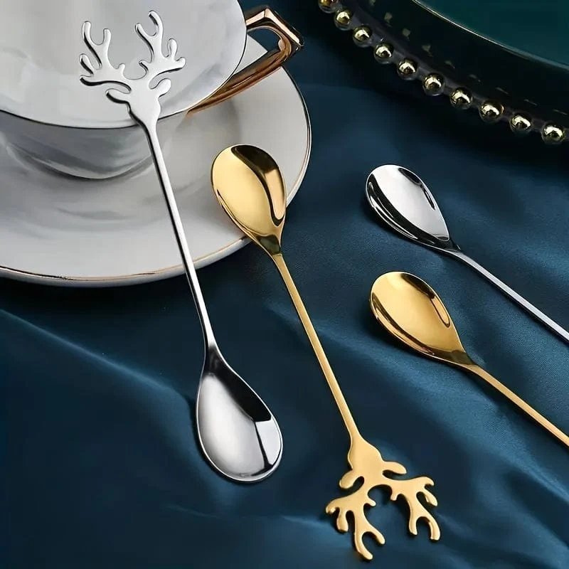 8 Stück Weihnachten Edelstahl Hirschkopf Form Kaffeelöffel Dessert Süßigkeiten Rührlöffel Teelöffel Geschirr Dekoration Küchenzubehör