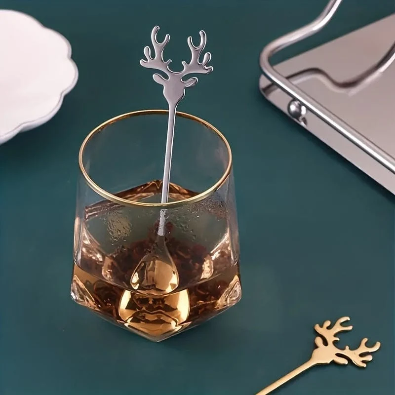 8 Stück Weihnachten Edelstahl Hirschkopf Form Kaffeelöffel Dessert Süßigkeiten Rührlöffel Teelöffel Geschirr Dekoration Küchenzubehör