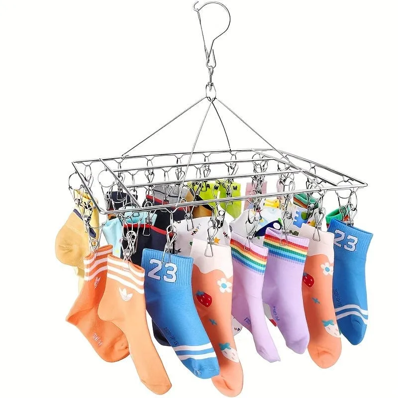 1 Stück Edelstahl-Socken-Trockenständer mit Multi-Clip, drehbarer Haken, winddichter Kleiderbügel, Wäscheständer für Socken, BHs, Unterwäsche, Wäschezubehör