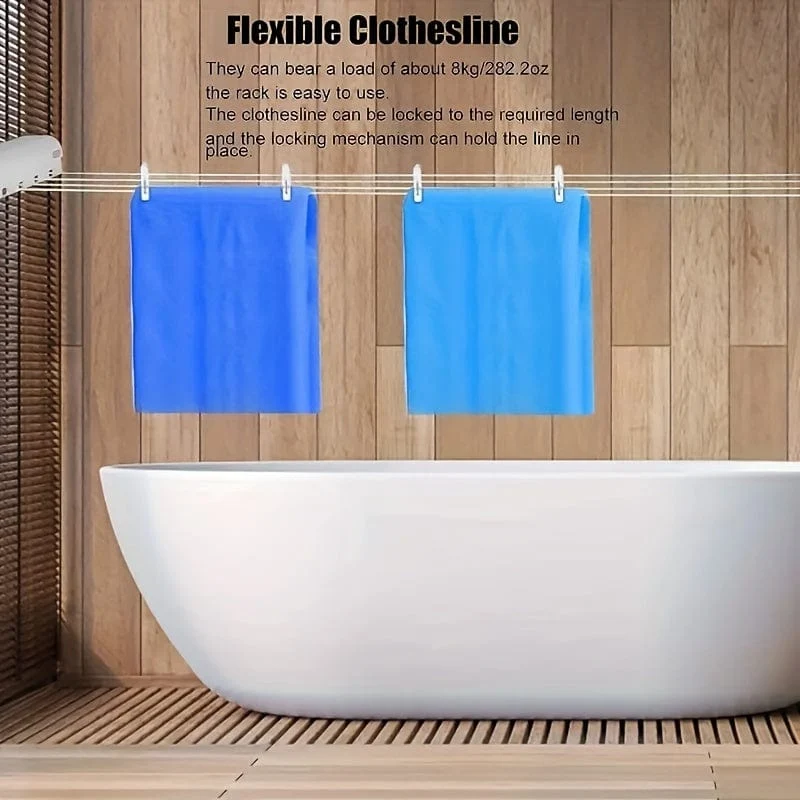 1 Stück ausziehbare Wäscheleine, 3.75 m, 147.64-zeiliges unsichtbares Wäschetrocknungsseil für drinnen und draußen, Kunststoff, für Badezimmer, Schlafzimmer, Balkon, Wohnzimmer, Wäsche zum Aufhängen von Handtüchern und Hosen in der Wohnung, kompakter ausziehbarer Kleiderständer