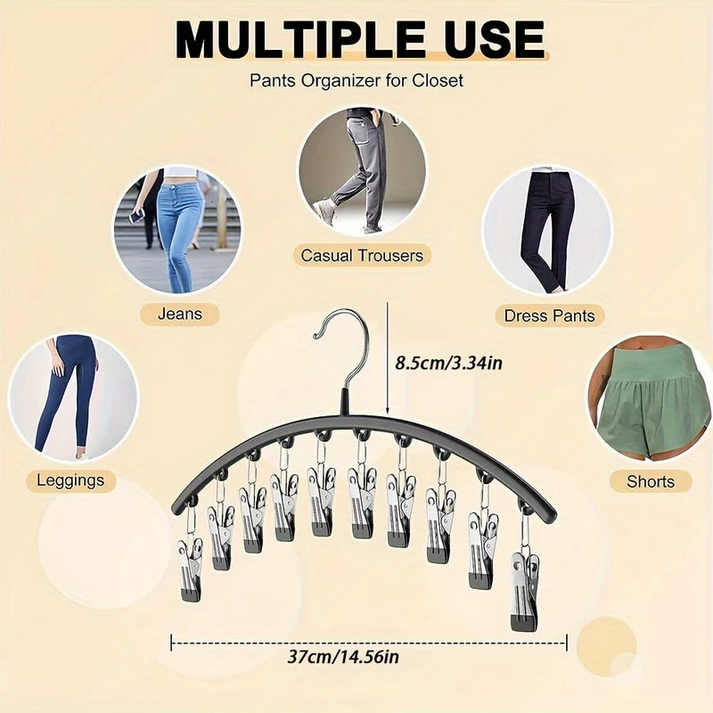 1 Stück Hosenbügel mit 10 Clips, zum Halten von Leggings/Jeans/Hüten, platzsparend im Haushalt für die Organisation von Schlafzimmer, Badezimmer, Schrank, Kleiderschrank, Zuhause, Wohnheim, Reisen
