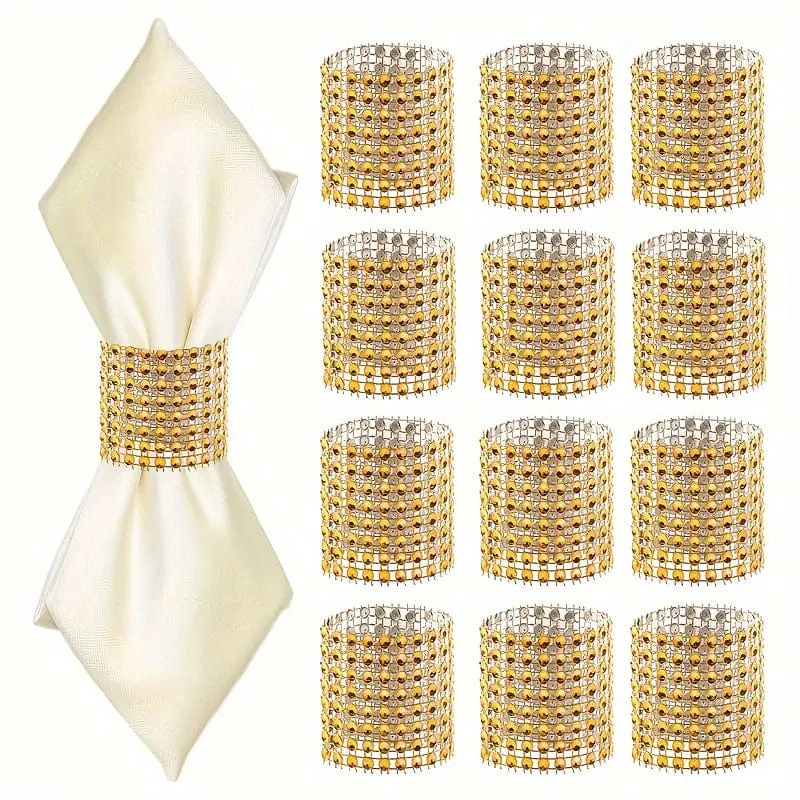 50 Stück, goldene Serviettenringe, elegante, einfarbige Serviettenschnalle mit Strasssteinen aus Kunststoff, polierte Metallringe aus Gusseisen, Weihnachtsdekoration, Esstischdekoration