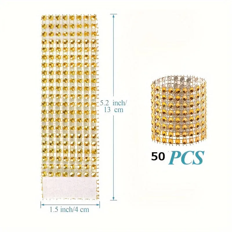 50 Stück, goldene Serviettenringe, elegante, einfarbige Serviettenschnalle mit Strasssteinen aus Kunststoff, polierte Metallringe aus Gusseisen, Weihnachtsdekoration, Esstischdekoration