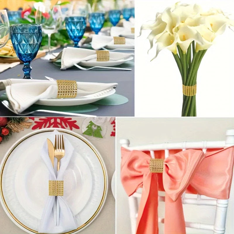 50 Stück, goldene Serviettenringe, elegante, einfarbige Serviettenschnalle mit Strasssteinen aus Kunststoff, polierte Metallringe aus Gusseisen, Weihnachtsdekoration, Esstischdekoration