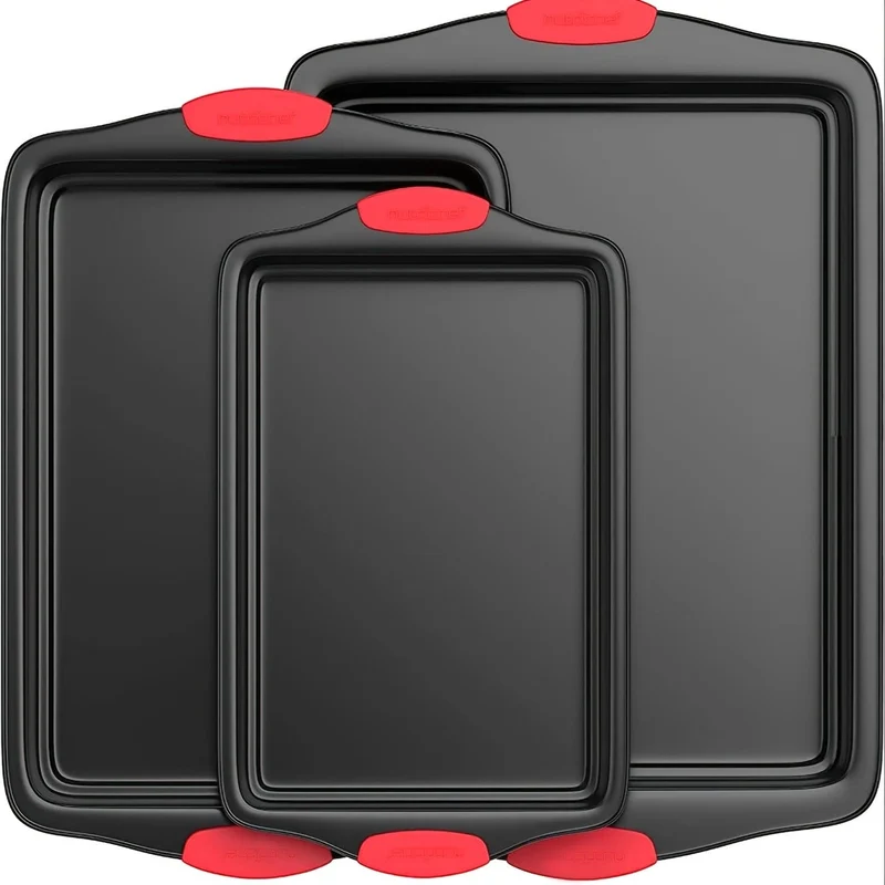 3-tlg. Backblech für den Ofen, antihaftbeschichtetes Backblech aus Karbonstahl für den Küchenofen, luxuriös und stilvoll, innen und außen antihaftbeschichtet, Metallbackblech in kommerzieller Restaurantqualität, mit rotem Silikongriff