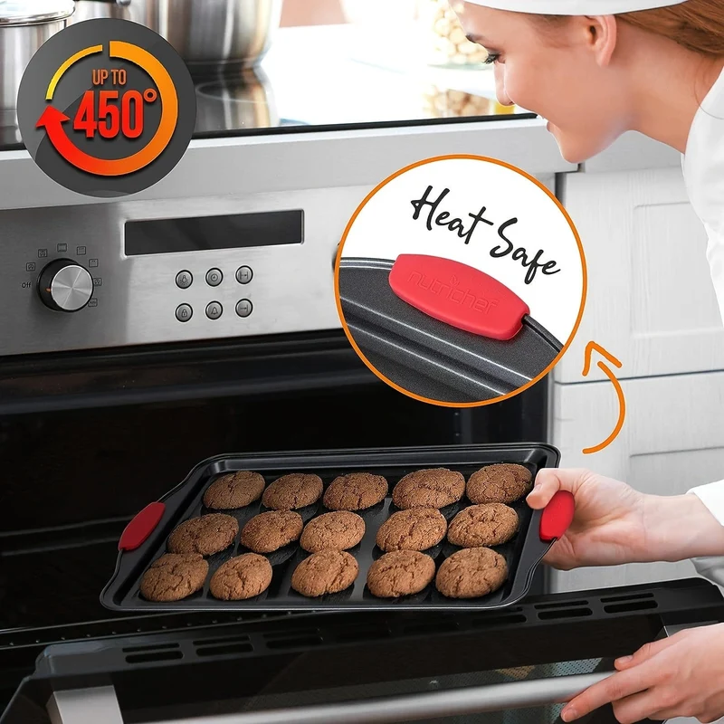 3-tlg. Backblech für den Ofen, antihaftbeschichtetes Backblech aus Karbonstahl für den Küchenofen, luxuriös und stilvoll, innen und außen antihaftbeschichtet, Metallbackblech in kommerzieller Restaurantqualität, mit rotem Silikongriff