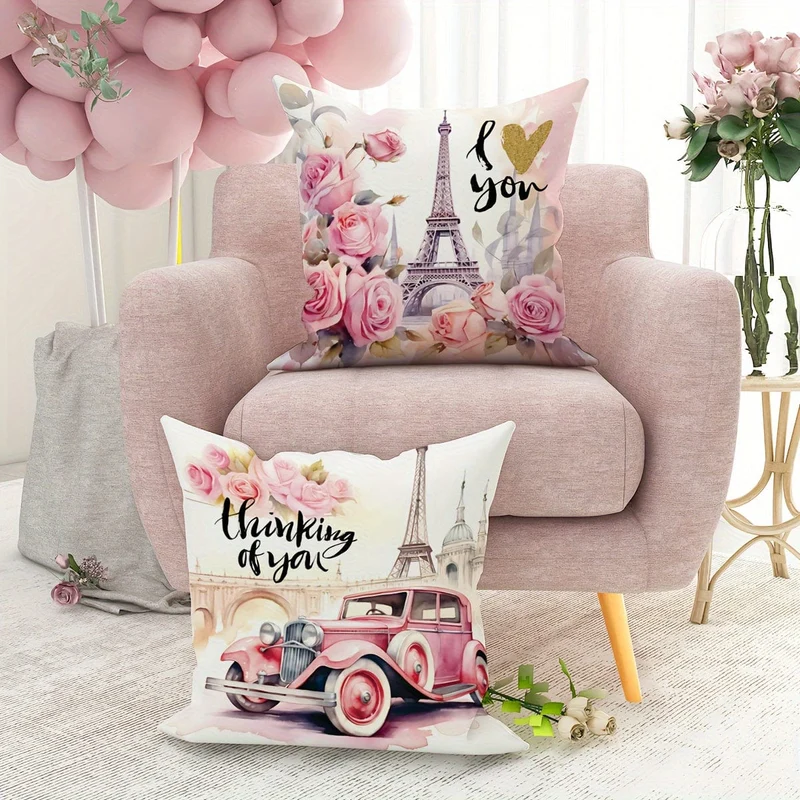 2 Stück Paris Eiffelturm Blumenauto Rosa Dekokissenbezüge, Valentinstag Dekokissenbezüge, Samt Deko Kissenbezug 45×45Cm/18"×18" für Valentinstag Party Wohnzimmer Schlafzimmer Sofa Bett Zuhause
