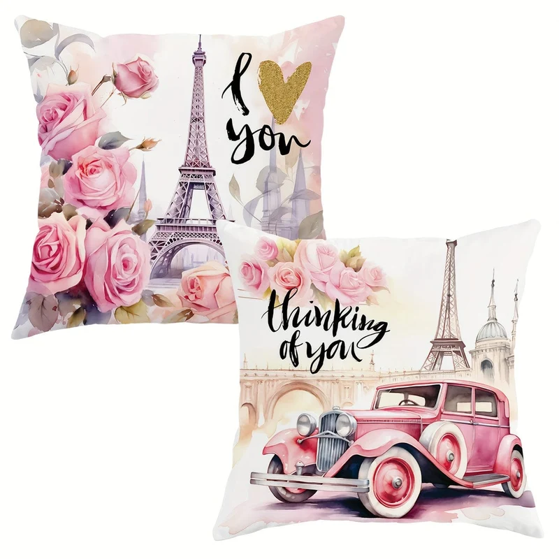 2 Stück Paris Eiffelturm Blumenauto Rosa Dekokissenbezüge, Valentinstag Dekokissenbezüge, Samt Deko Kissenbezug 45×45Cm/18"×18" für Valentinstag Party Wohnzimmer Schlafzimmer Sofa Bett Zuhause
