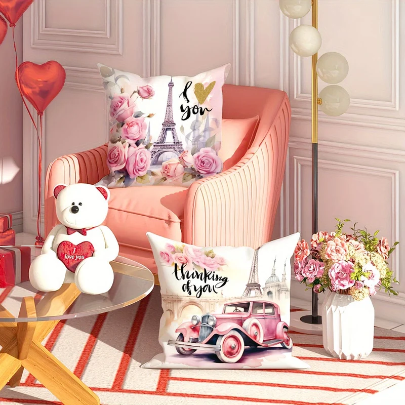 2 Stück Paris Eiffelturm Blumenauto Rosa Dekokissenbezüge, Valentinstag Dekokissenbezüge, Samt Deko Kissenbezug 45×45Cm/18"×18" für Valentinstag Party Wohnzimmer Schlafzimmer Sofa Bett Zuhause